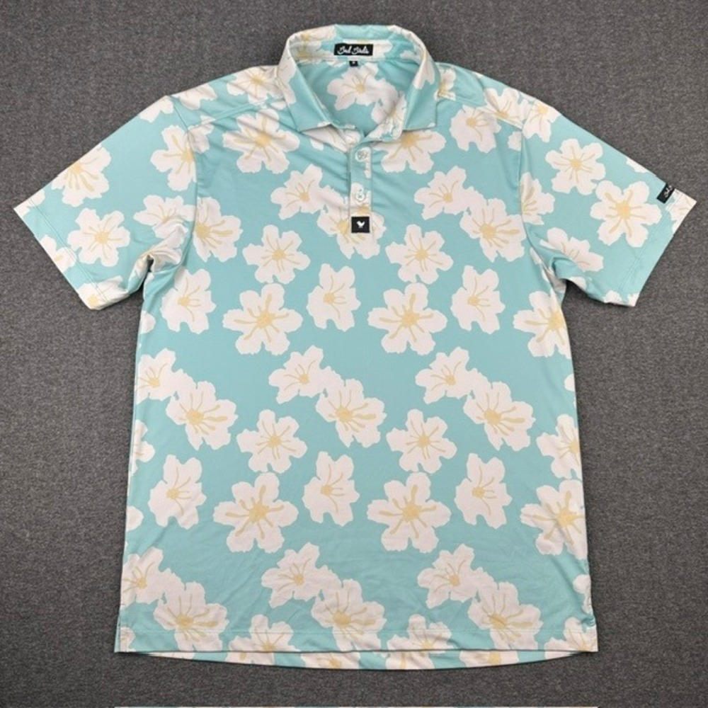 Bad Birdie Mens Golf Polo Shirt Blue White Floral Print Performance Stretch M